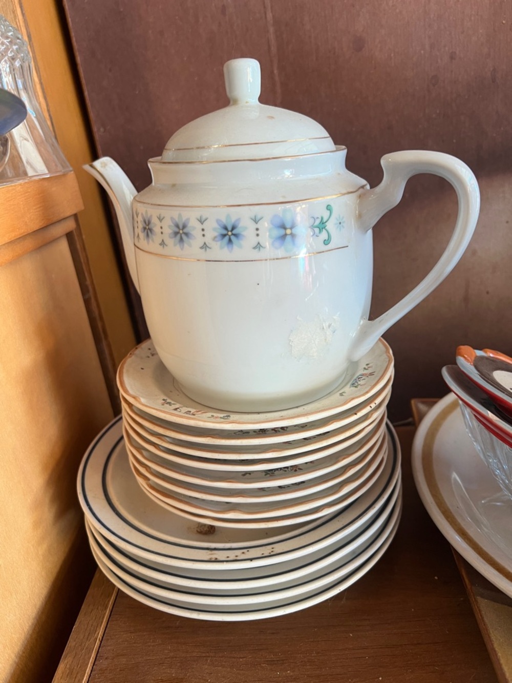 Vintage White Porcelain Teapot with Blue Floral Band - Classic Home Dining